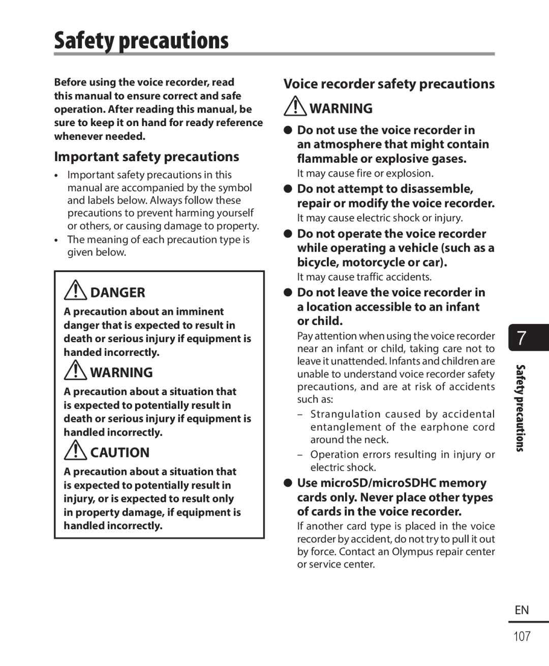 Olympus WS-822, WS-823, WS-821 user manual Safety precautions 