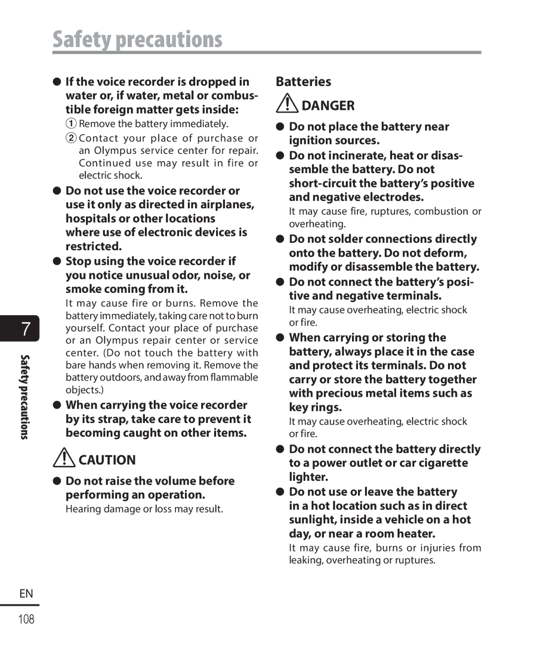 Olympus WS-823, WS-821, WS-822 user manual Safety precautions, Do not place the battery near ignition sources 