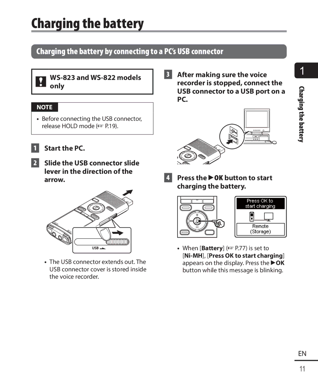 Olympus WS-821 user manual Charging the battery by connecting to a PC’s USB connector, WS-823 and WS-822 models only 