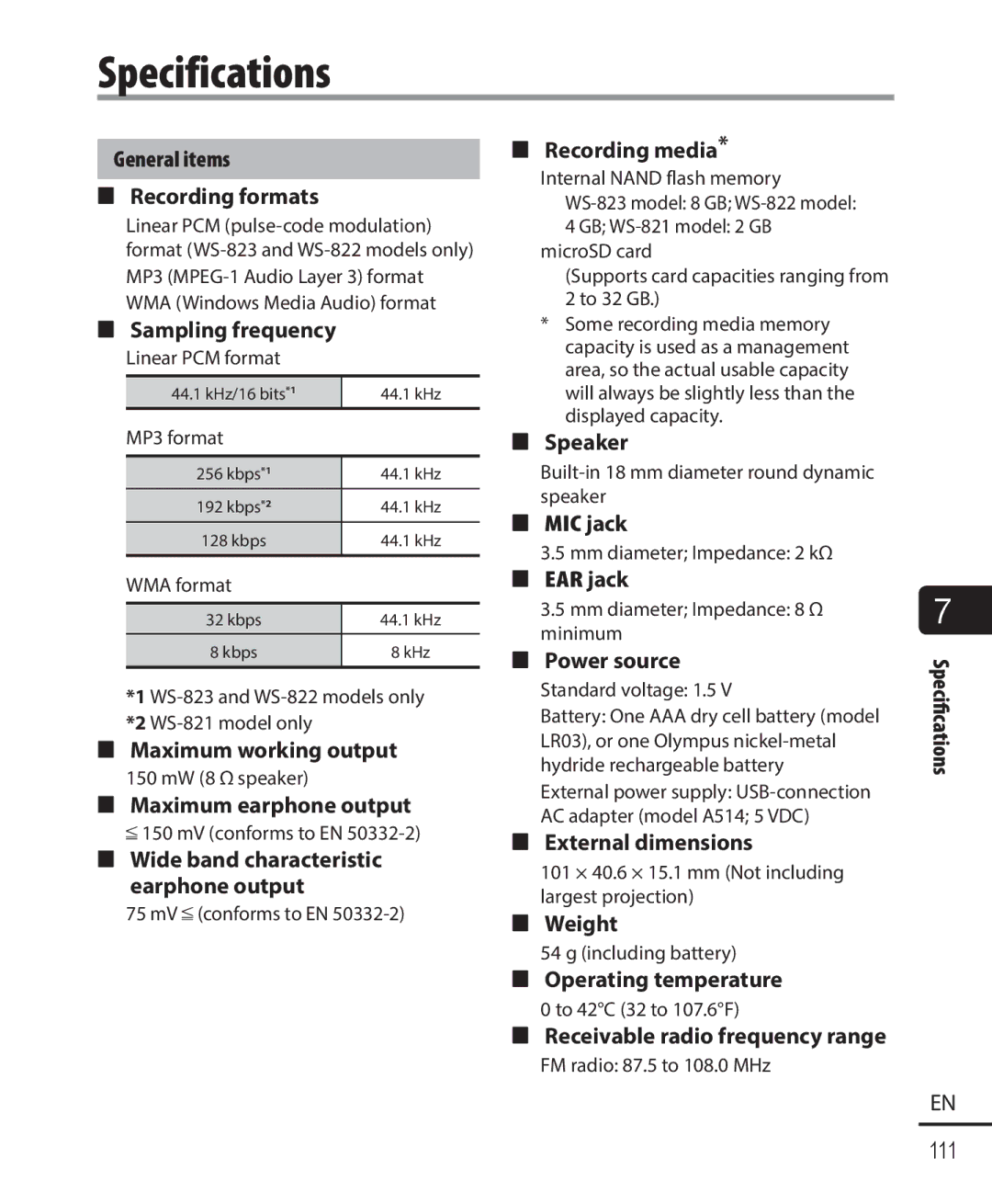 Olympus WS-823, WS-821, WS-822 user manual Specifications 