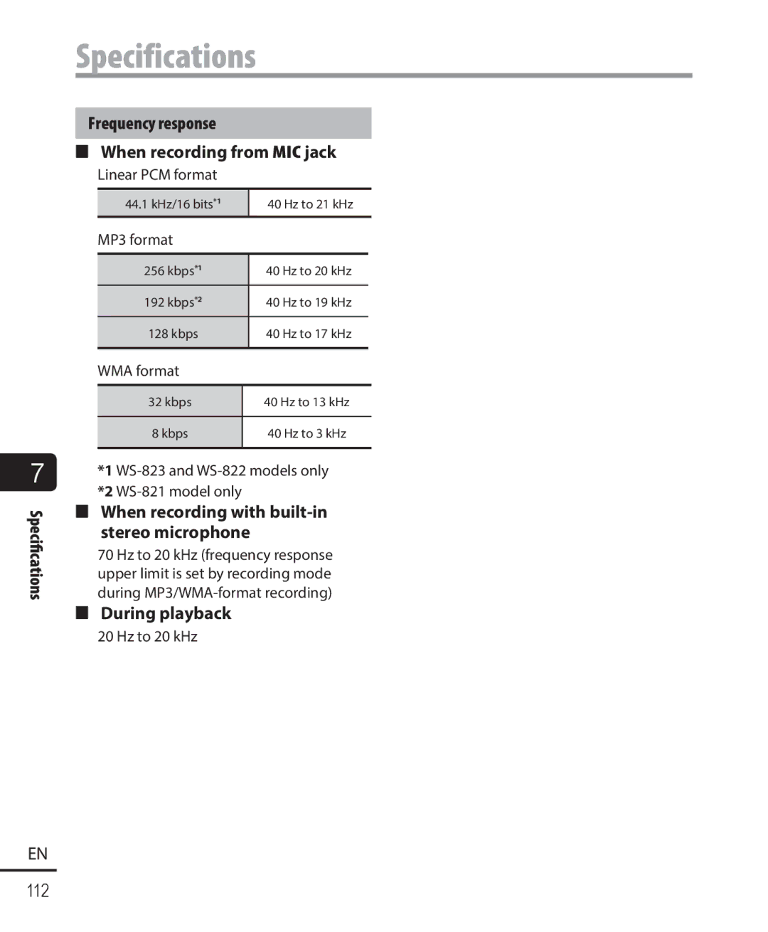 Olympus WS-821, WS-823, WS-822 user manual Specifications, Frequency response When recording from MIC jack, During playback 