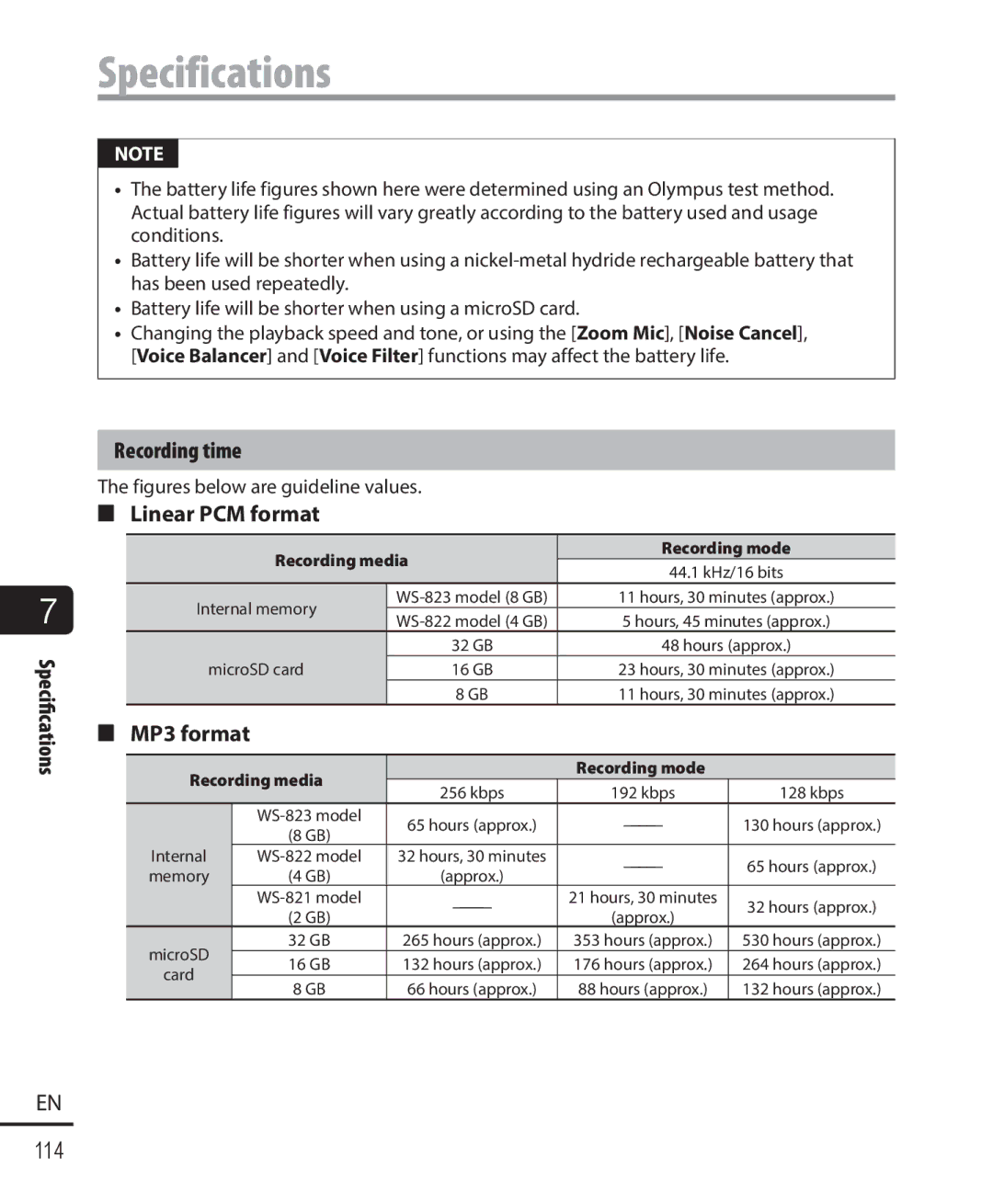 Olympus WS-823, WS-821, WS-822 Specifications Recording time, Linear PCM format, MP3 format, Recording media Recording mode 