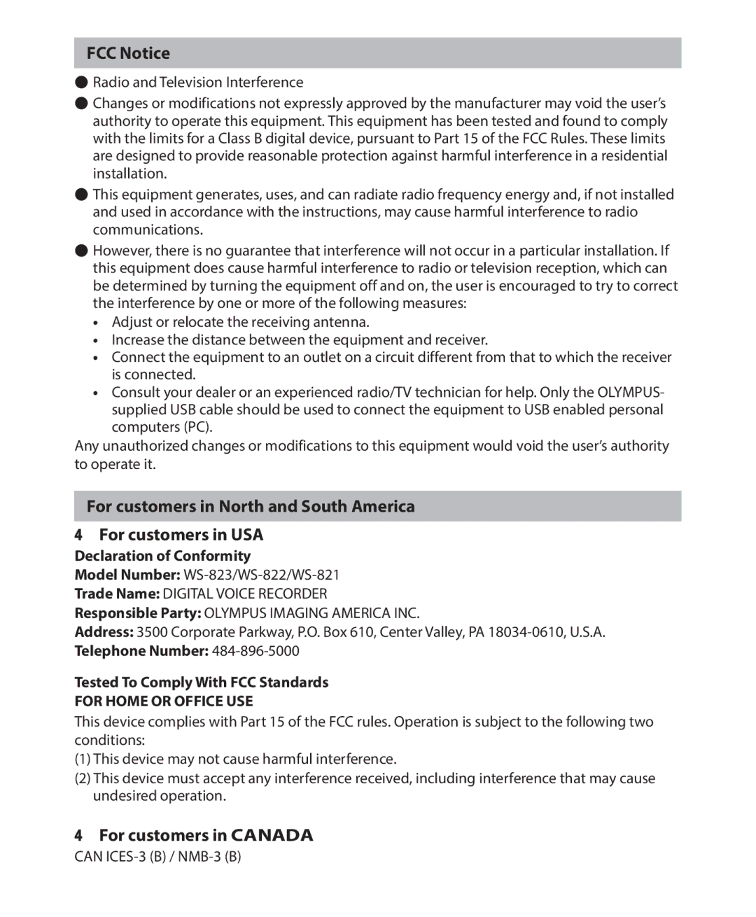 Olympus WS-823, WS-821, WS-822 user manual FCC Notice, For customers in Canada, Declaration of Conformity 