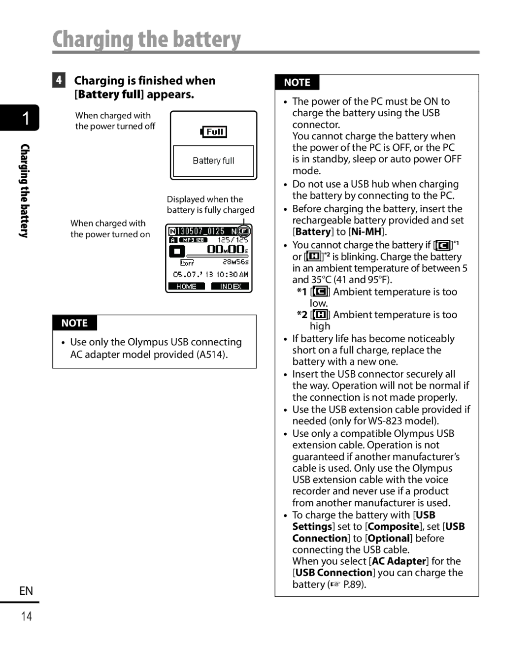 Olympus WS-822, WS-823, WS-821 user manual Charging the battery 