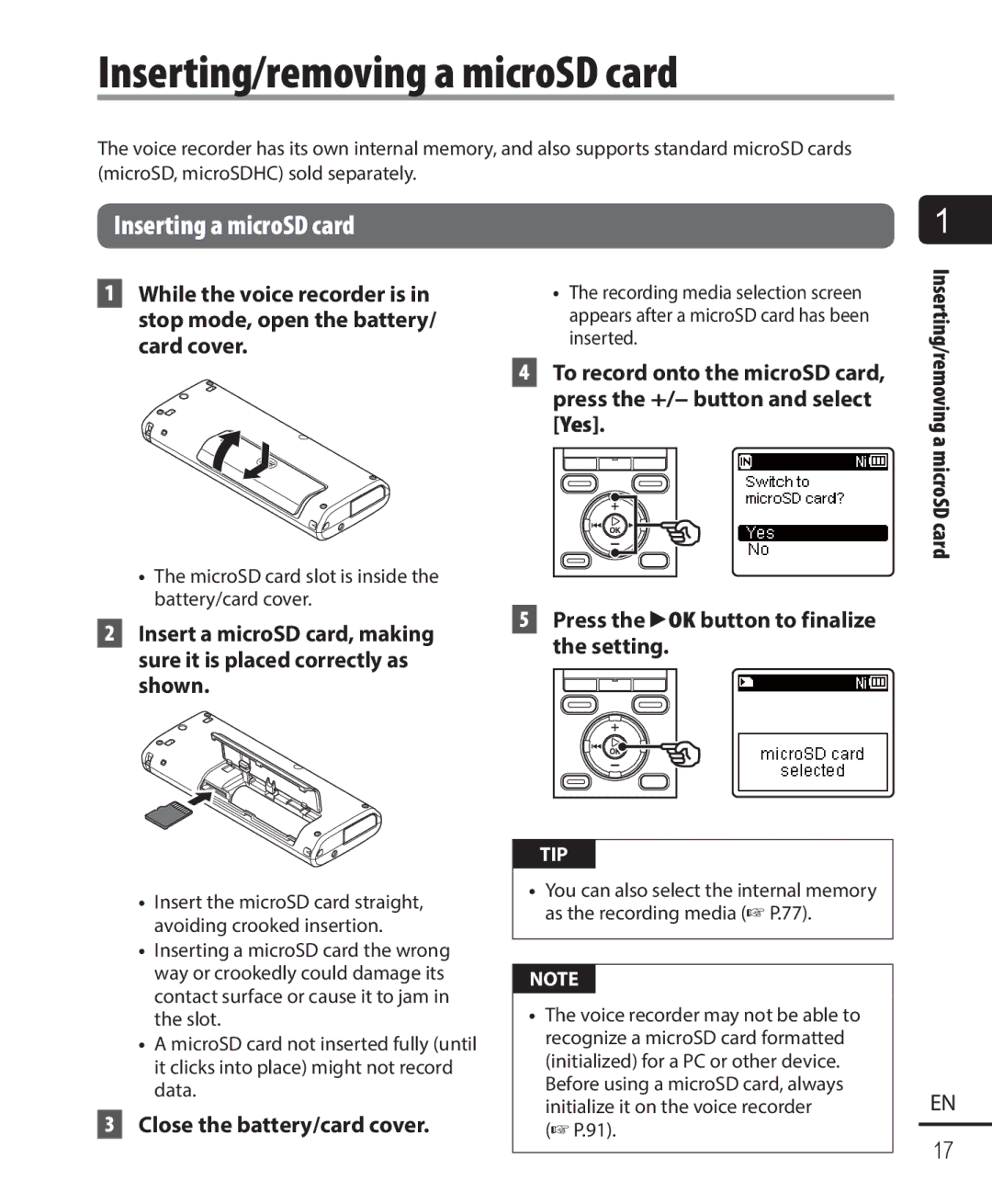 Olympus WS-822, WS-823, WS-821 Inserting/removing a microSD card, Inserting a microSD card, Close the battery/card cover 