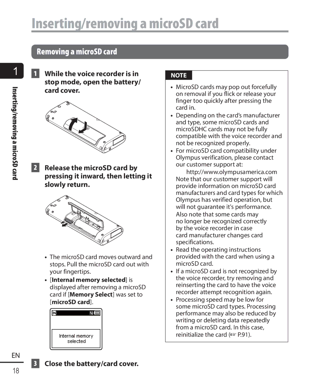 Olympus WS-823, WS-821, WS-822 user manual Inserting/removing a microSD card, Removing a microSD card 