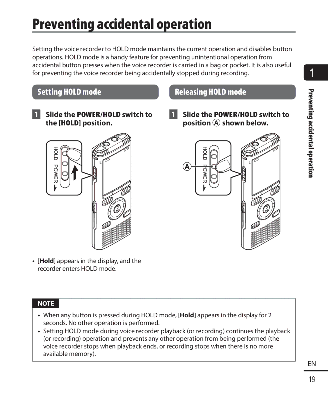 Olympus WS-821, WS-823, WS-822 user manual Preventing accidental operation, Setting Hold mode, Releasing Hold mode 