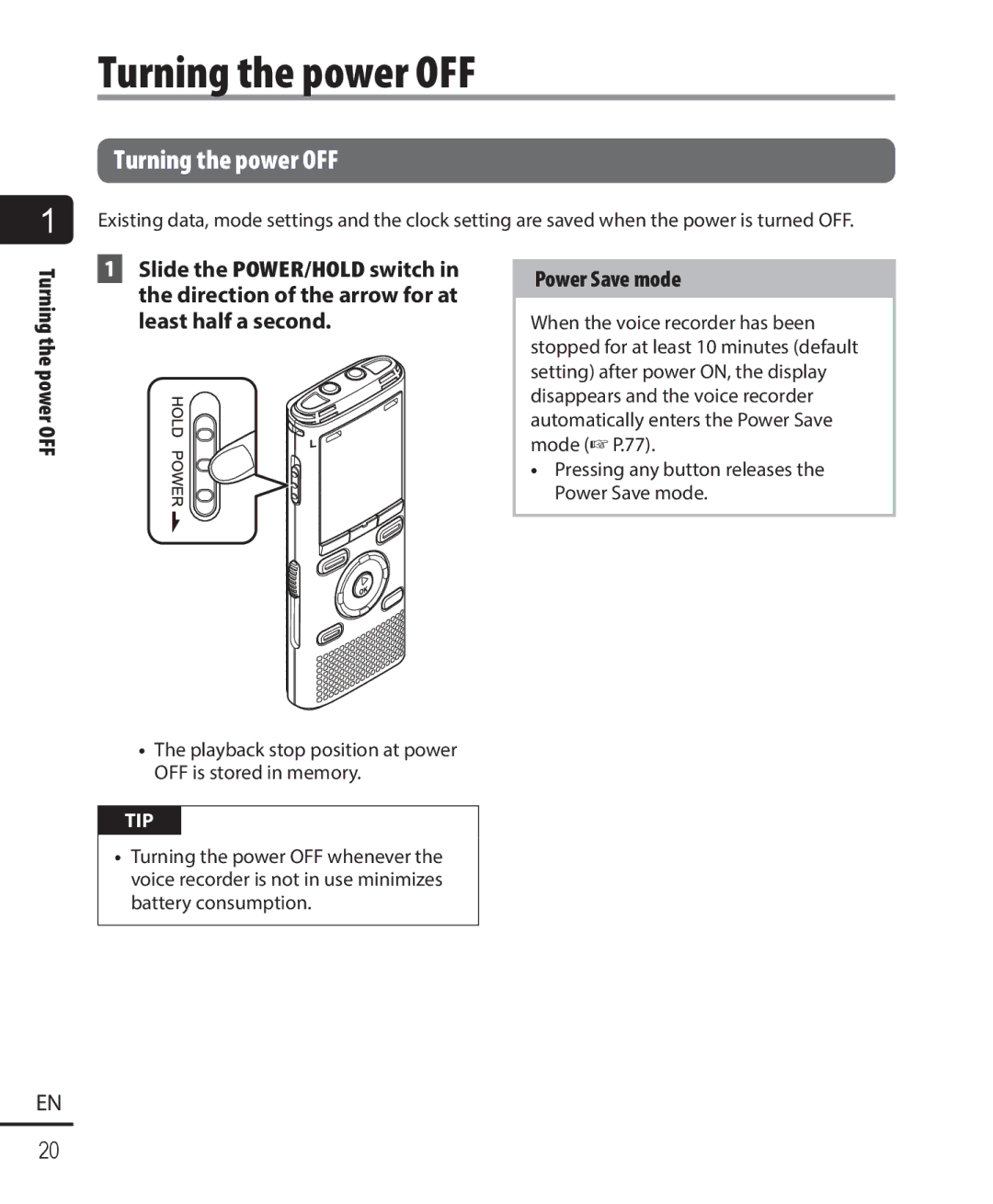 Olympus WS-822, WS-823, WS-821 user manual Turning the power OFF, Power Save mode 