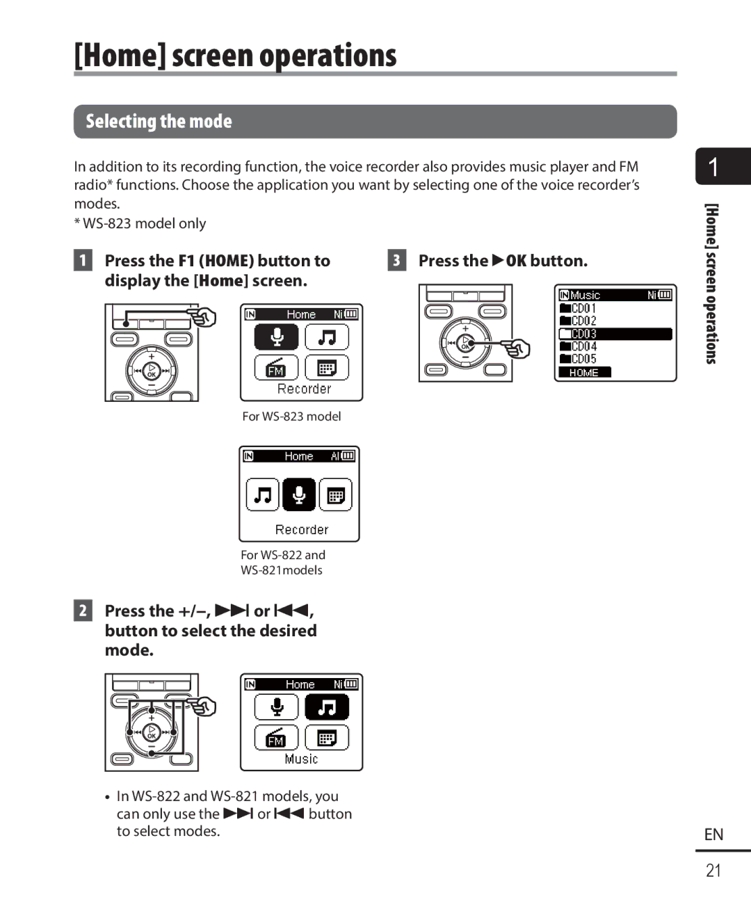 Olympus WS-823, WS-821 Home screen operations, Selecting the mode, Press the F1 Home button to display the Home screen 