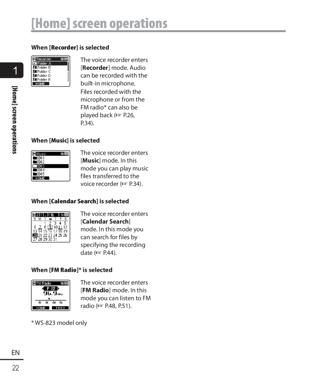 Olympus WS-821, WS-823, WS-822 user manual Home screen operations 