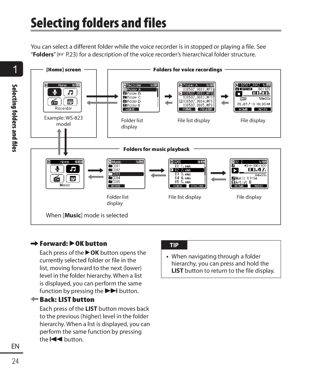 Olympus WS-823, WS-821, WS-822 user manual Selecting folders and files, Les, Forward `OK button, Back List button 