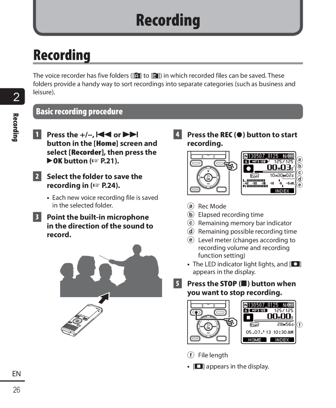 Olympus WS-822, WS-823, WS-821 user manual Recording, Basic recording procedure, Press the REC s button to start recording 