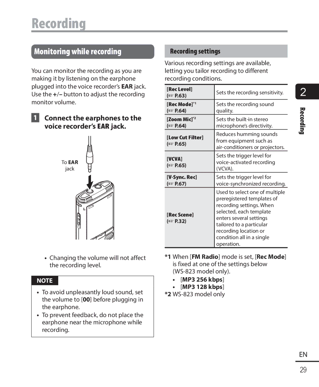 Olympus WS-822 Monitoring while recording, Recording settings, Connect the earphones to the voice recorder’s EAR jack 