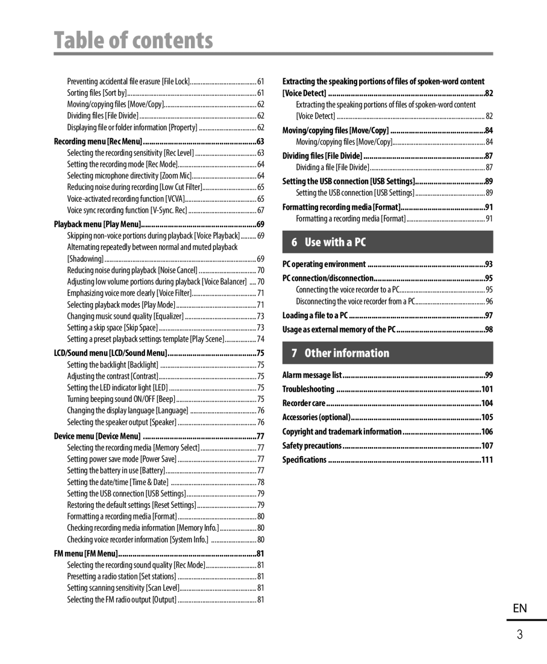 Olympus WS-823, WS-821, WS-822 user manual Table of contents 