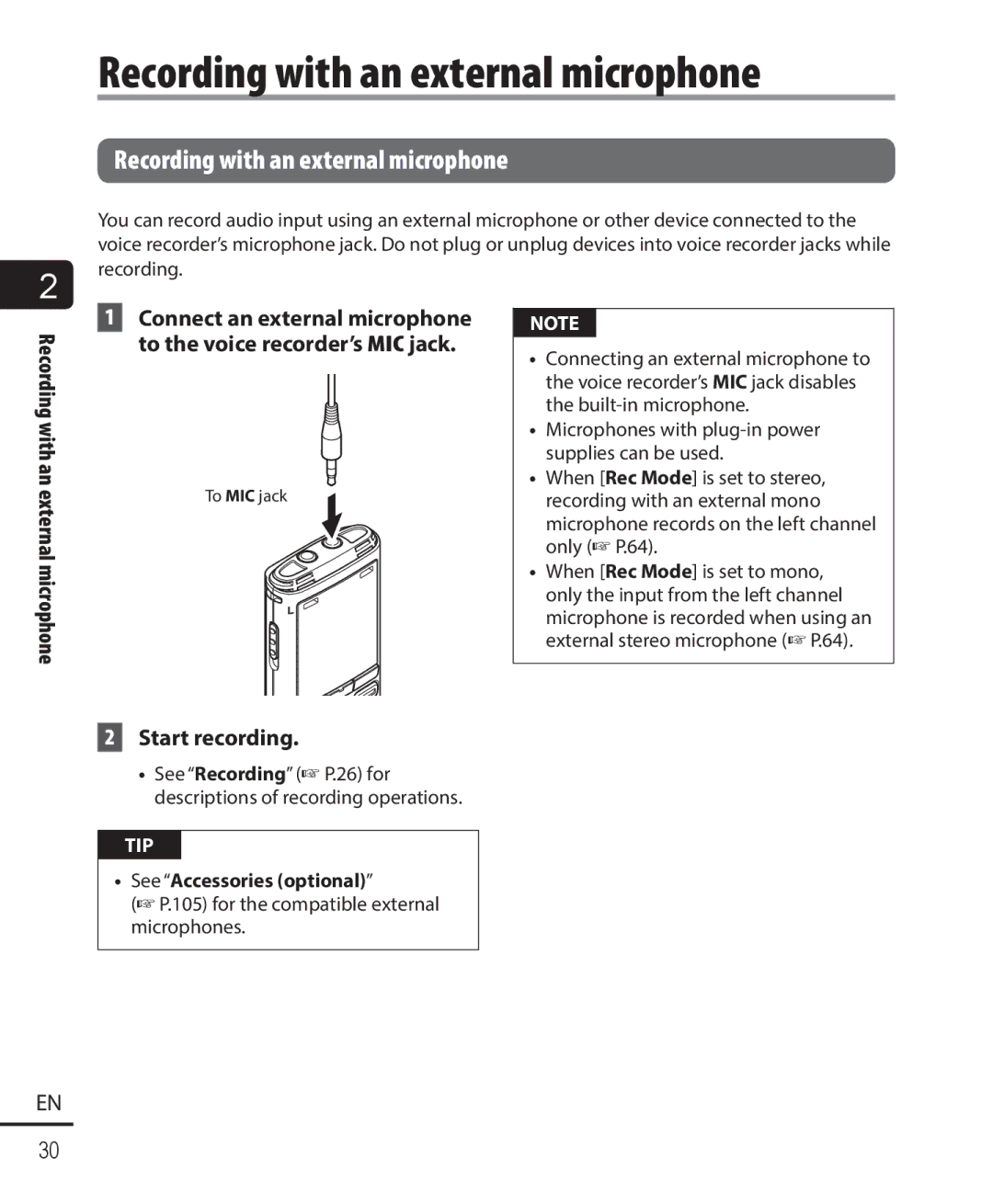 Olympus WS-823, WS-821, WS-822 user manual Recording with an external microphone, Start recording, See Accessories optional 