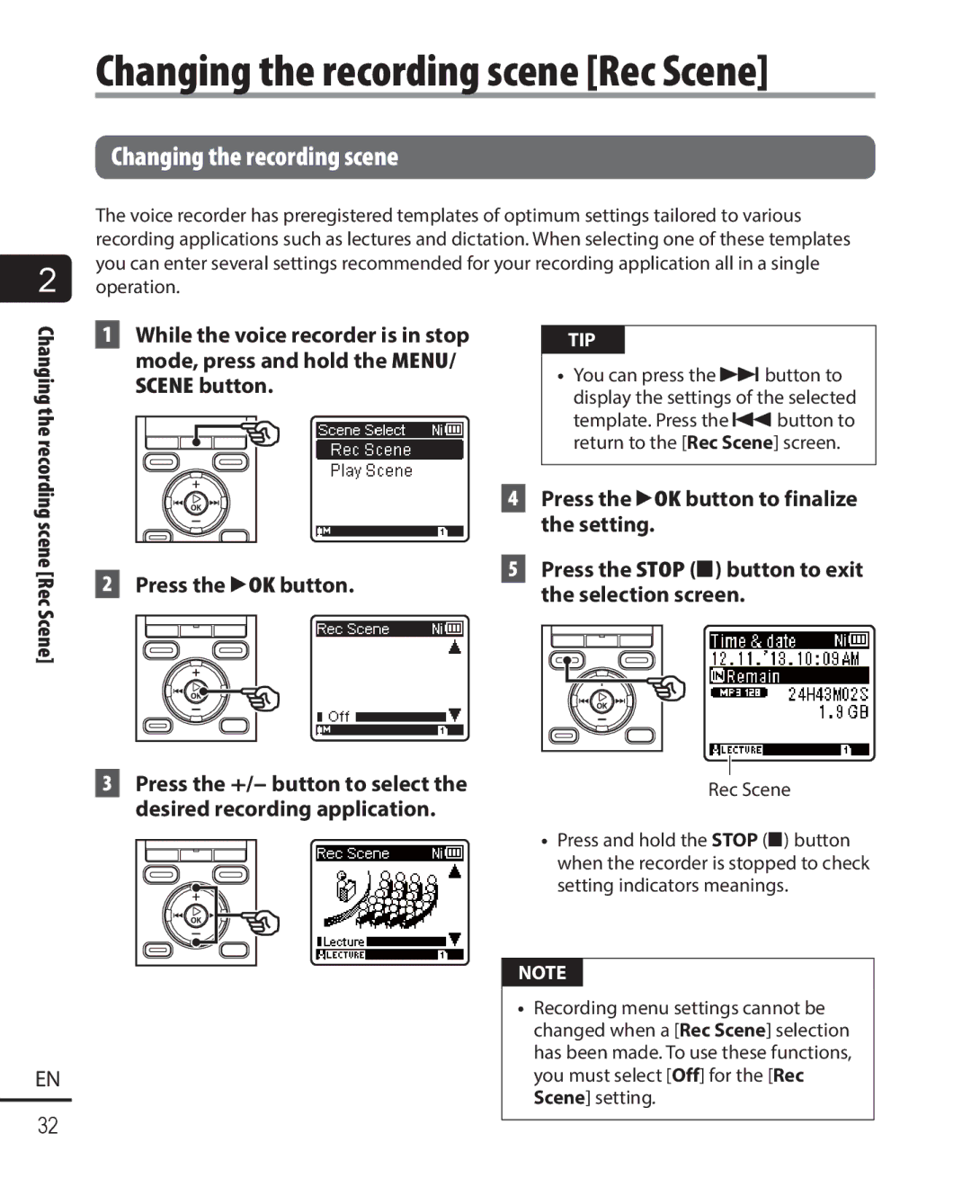 Olympus WS-822, WS-823, WS-821 user manual Changing the recording scene Rec Scene 