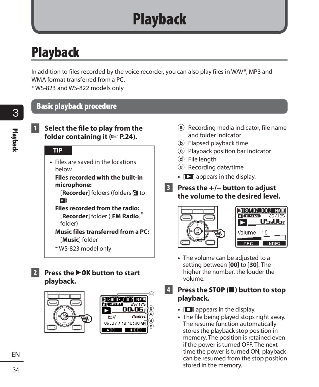 Olympus WS-821, WS-823, WS-822 user manual Playback, Basic playback procedure, Press the `OK button to start playback 