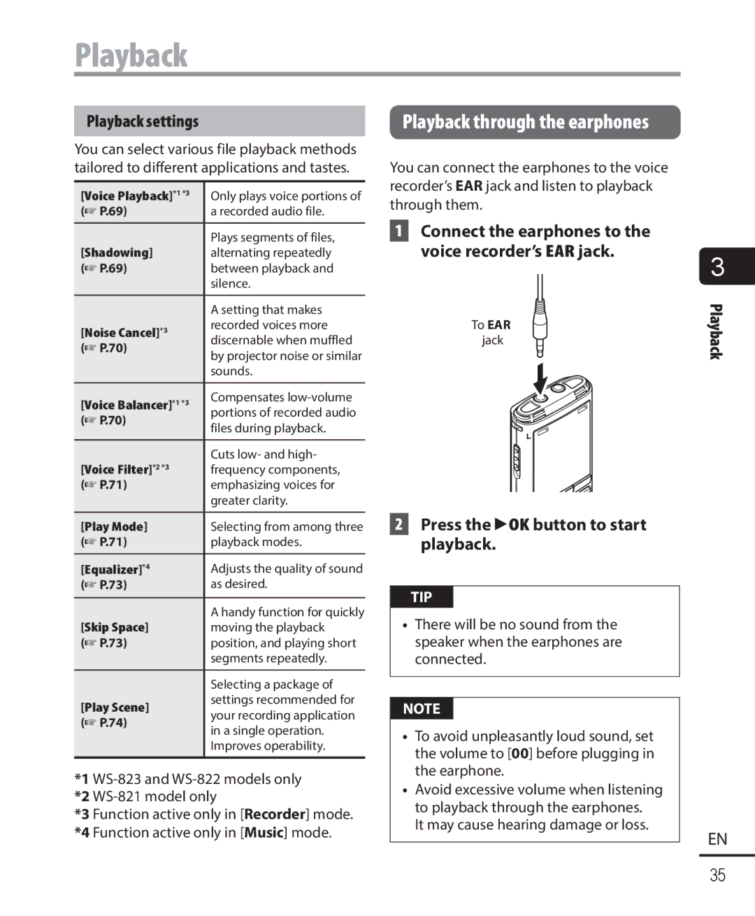 Olympus WS-822, WS-823, WS-821 user manual Playback through the earphones, Playback settings 