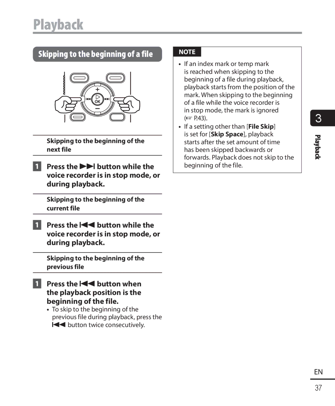 Olympus WS-821, WS-823, WS-822 user manual Skipping to the beginning of a file, Skipping to the beginning of the next file 