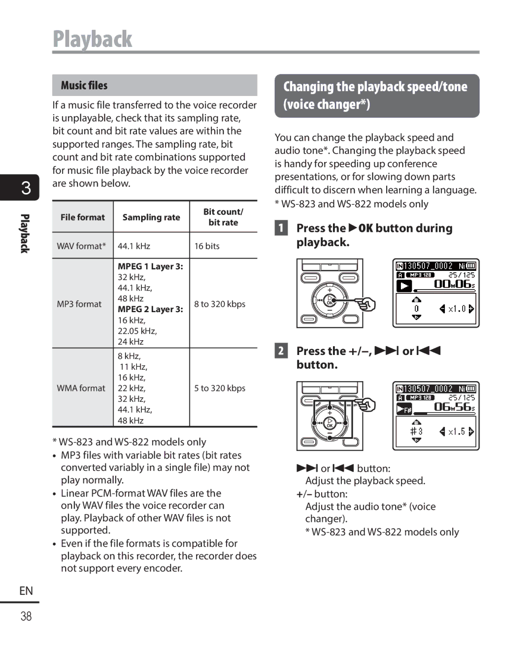 Olympus WS-822, WS-823, WS-821 user manual Changing the playback speed/tone voice changer, Playback Music files 