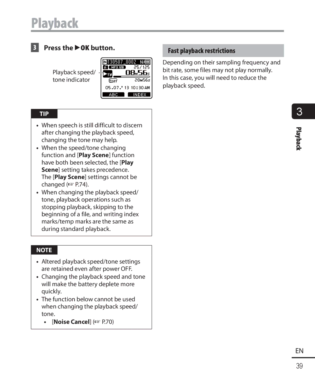 Olympus WS-823, WS-821, WS-822 user manual Fast playback restrictions, Noise Cancel P.70 