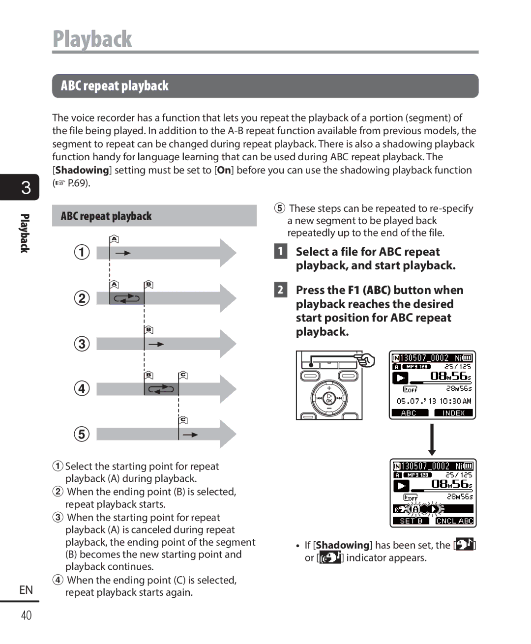 Olympus WS-821, WS-823, WS-822 Playback ABC repeat playback, Select a file for ABC repeat playback, and start playback 