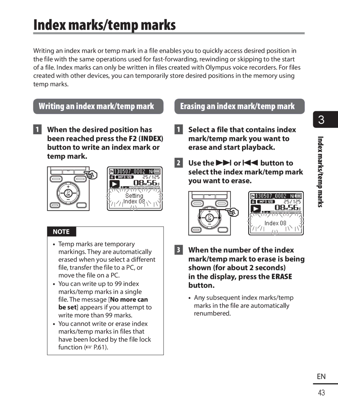 Olympus WS-821, WS-823, WS-822 user manual Index marks/temp marks, Display, press the Erase button 