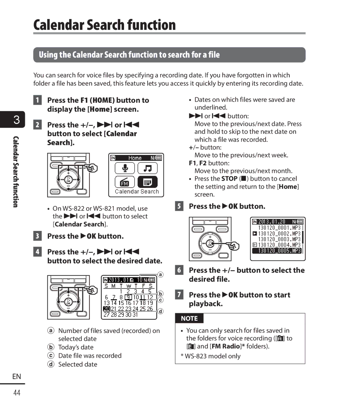 Olympus WS-822, WS-823, WS-821 user manual Using the Calendar Search function to search for a file 