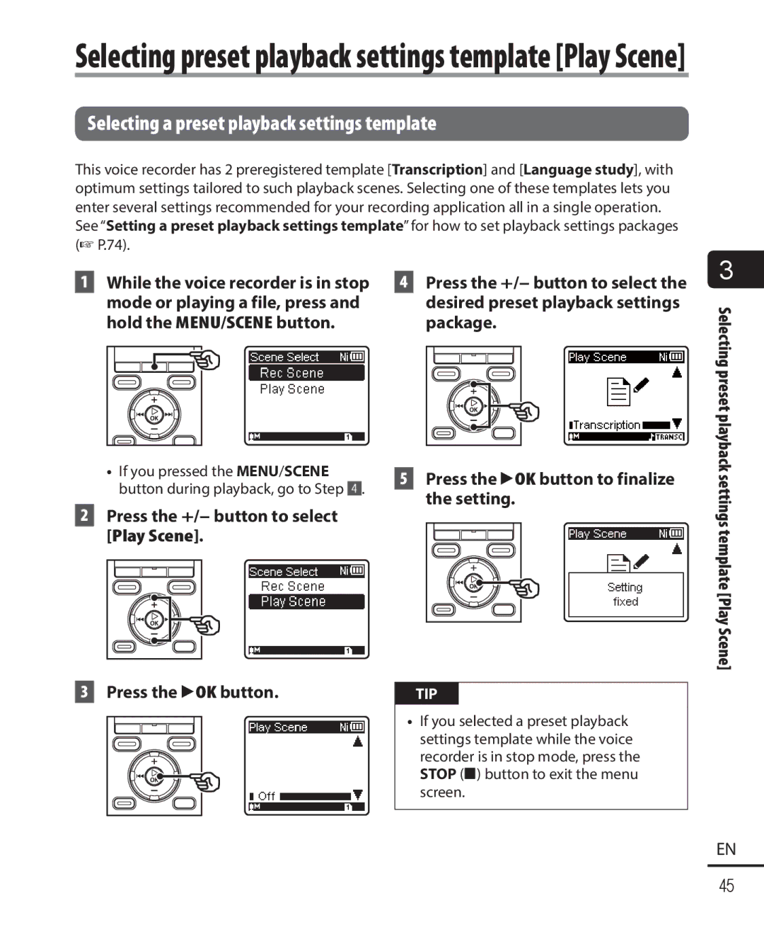 Olympus WS-823, WS-821, WS-822 user manual Selecting a preset playback settings template, Hold the MENU/SCENE button Package 