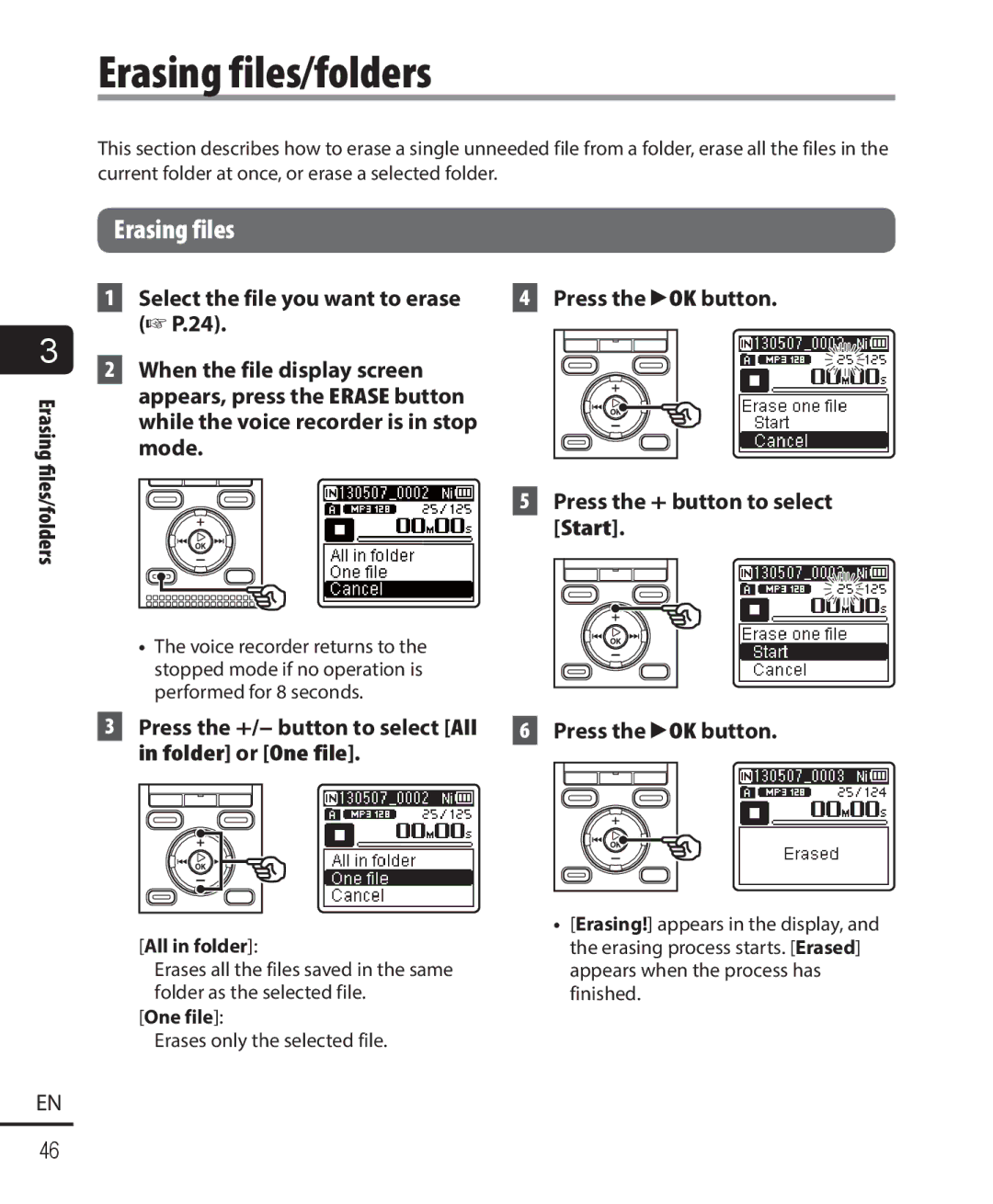 Olympus WS-821, WS-823, WS-822 user manual Erasing files/folders, Folder or One file, Press the +/- button to select All 