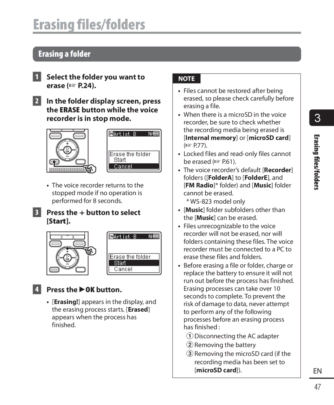 Olympus WS-822, WS-823, WS-821 user manual Erasing files/folders, Erasing a folder, Select the folder you want to erase P.24 