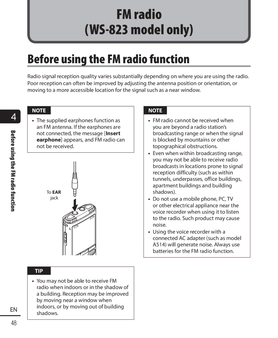 Olympus WS-823, WS-821, WS-822 user manual Before using the FM radio function 