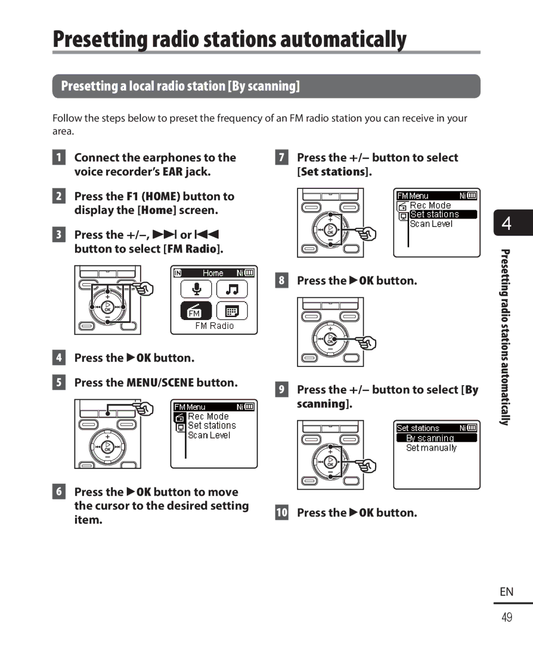 Olympus WS-821, WS-823, WS-822 Presetting radio stations automatically, Presetting a local radio station By scanning 