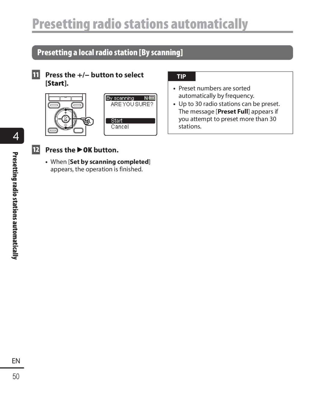 Olympus WS-822, WS-823, WS-821 user manual Presetting radio stations automatically, Press the +/- button to select Start 