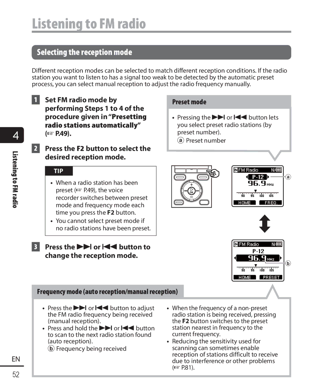 Olympus WS-821, WS-823, WS-822 user manual Listening to FM radio, Selecting the reception mode 