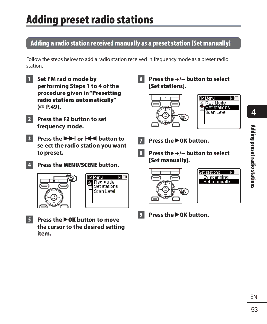 Olympus WS-822, WS-823, WS-821 user manual Adding preset radio stations 