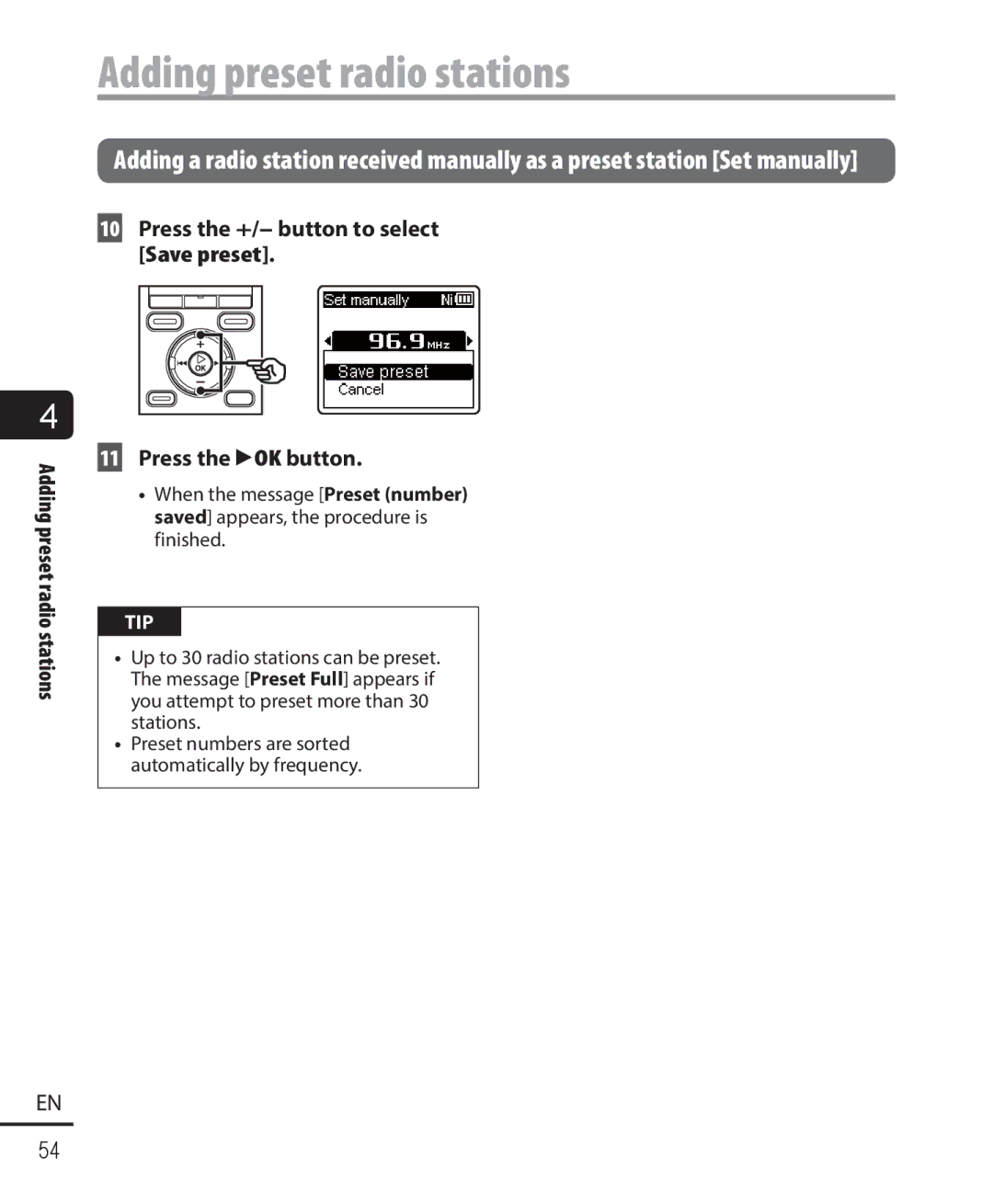 Olympus WS-823, WS-821, WS-822 user manual Adding preset radio stations 