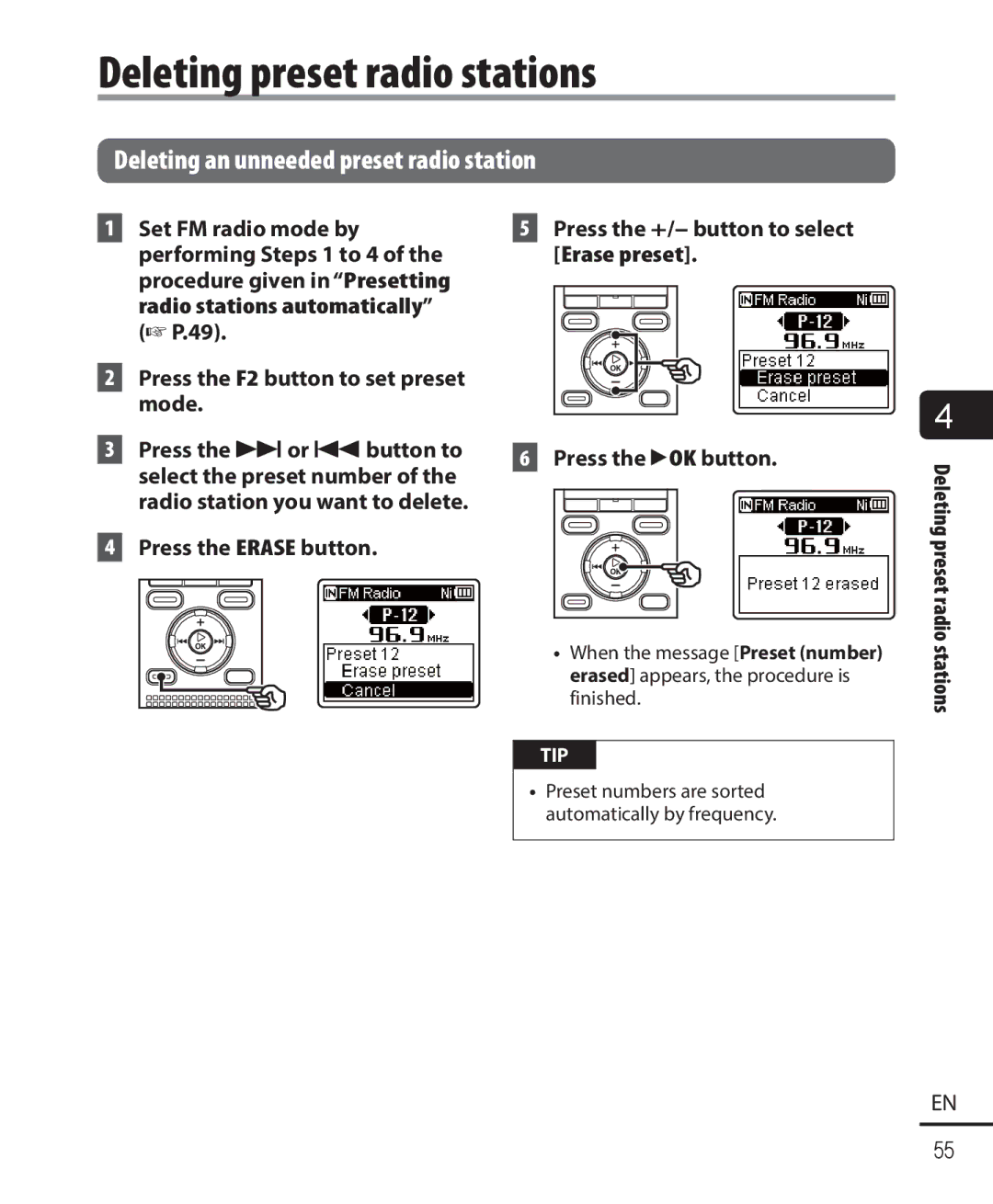 Olympus WS-821, WS-823, WS-822 user manual Deleting preset radio stations, Deleting an unneeded preset radio station 