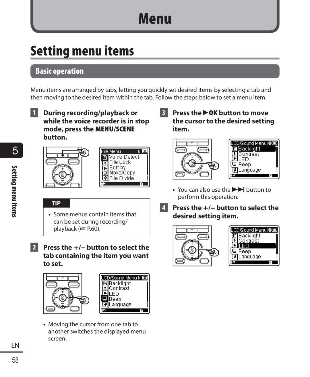 Olympus WS-821, WS-823, WS-822 user manual Setting menu items, Basic operation, During recording/playback or 