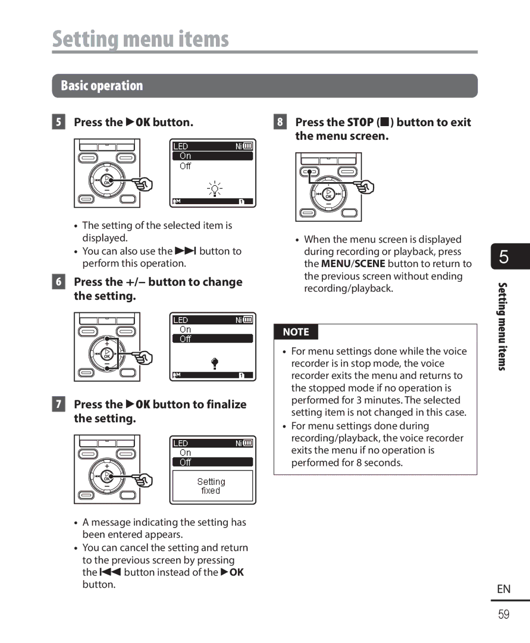 Olympus WS-822, WS-823, WS-821 user manual Setting menu items 