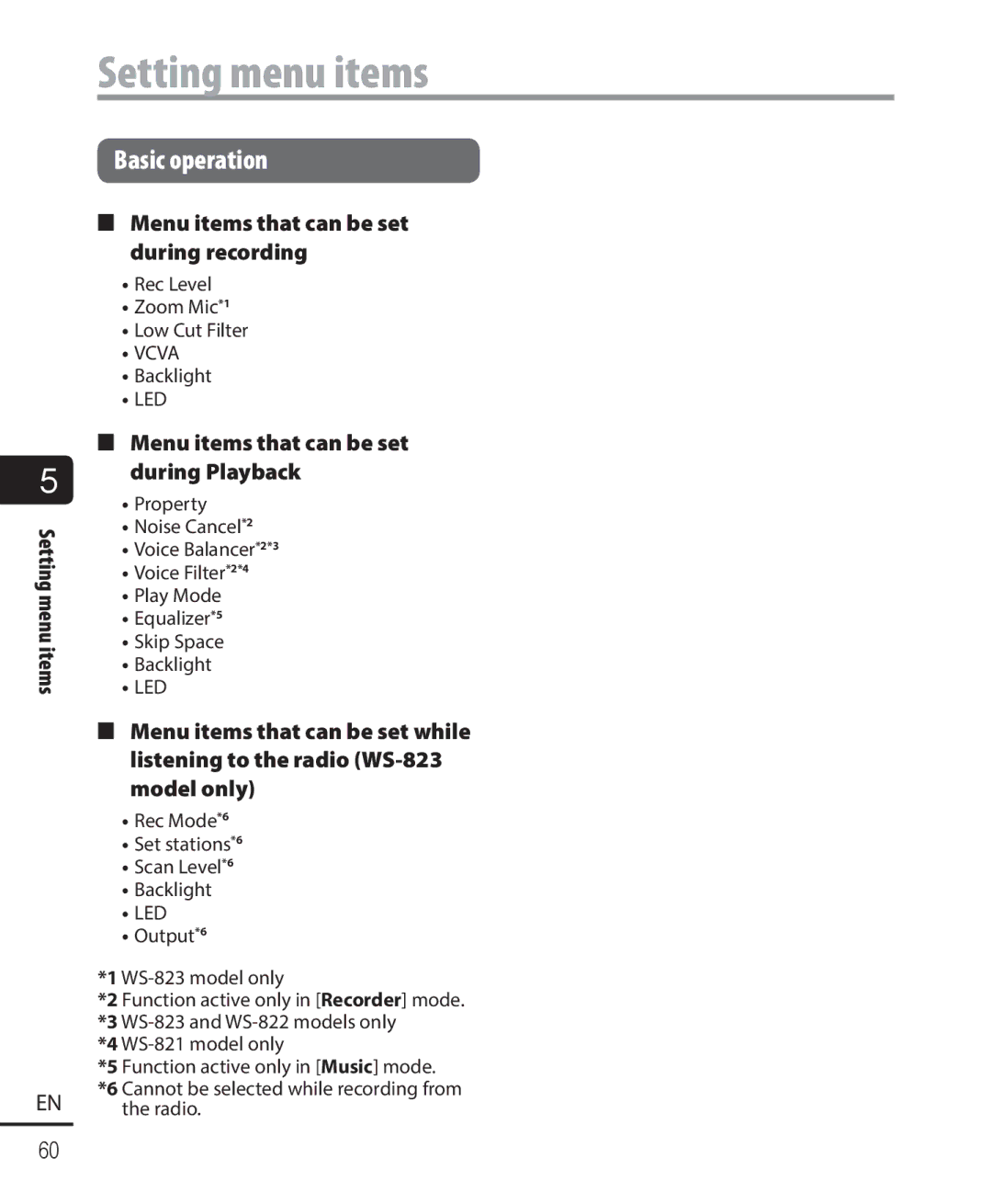 Olympus WS-823, WS-821, WS-822 Menu items that can be set during recording, Menu items that can be set during Playback 