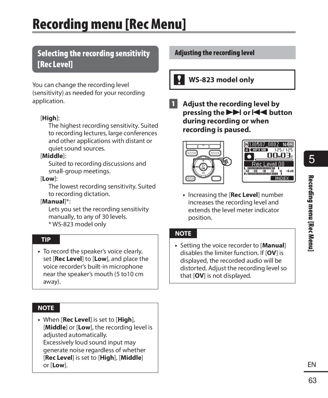 Olympus WS-823, WS-821, WS-822 user manual Recording menu Rec Menu, Selecting the recording sensitivity Rec Level 