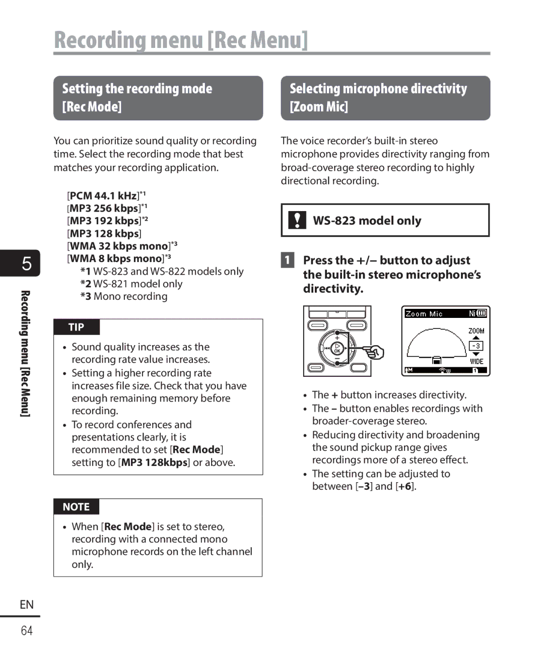 Olympus WS-821, WS-823, WS-822 user manual Recording menu Rec Menu, Setting the recording mode, Rec Mode Zoom Mic 