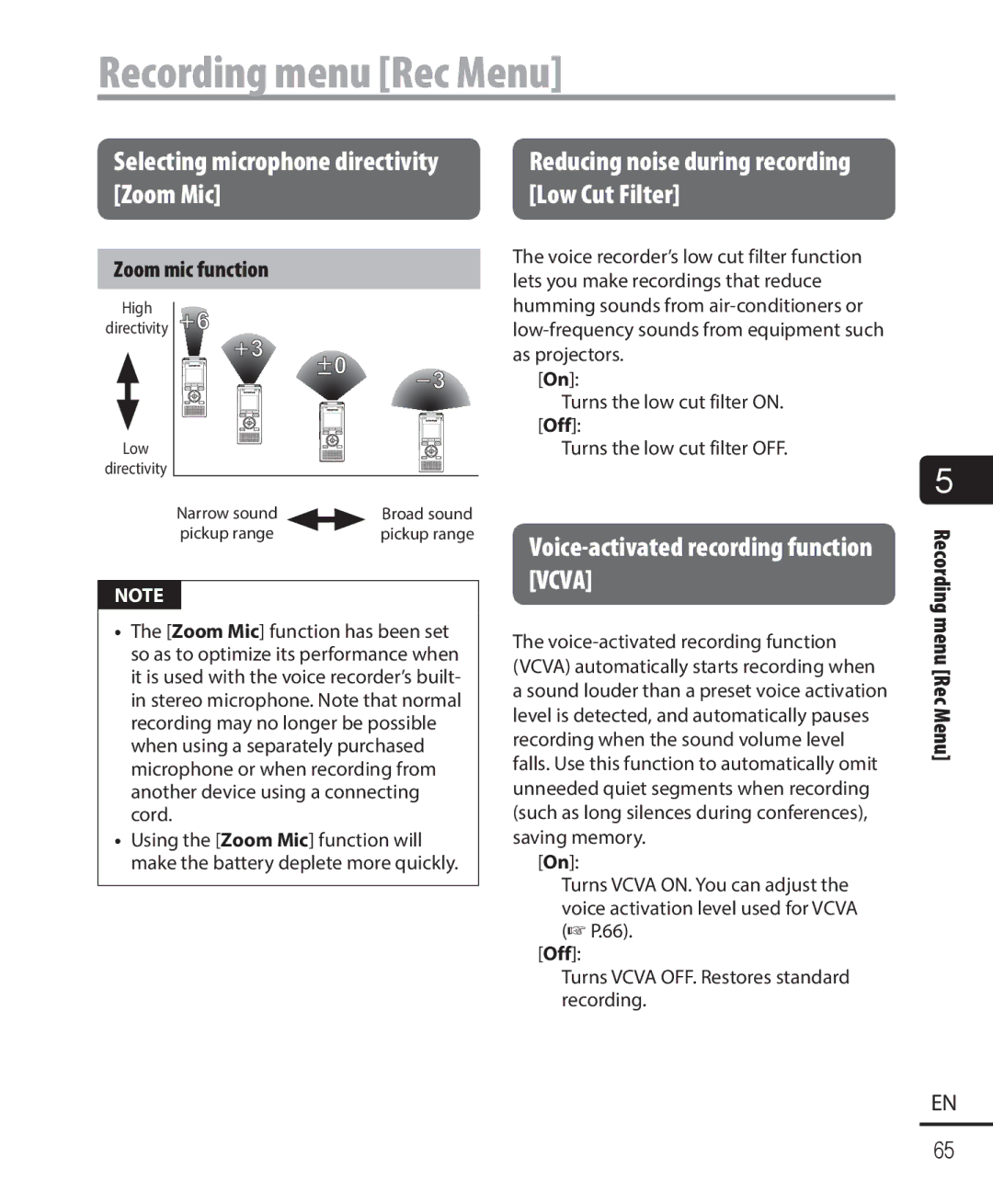 Olympus WS-822, WS-823, WS-821 Selecting microphone directivity Zoom Mic, Reducing noise during recording Low Cut Filter 