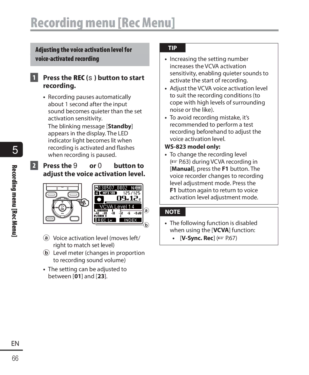 Olympus WS-823, WS-821, WS-822 user manual Press the 9or 0button to adjust the voice activation level, Sync. Rec P.67 