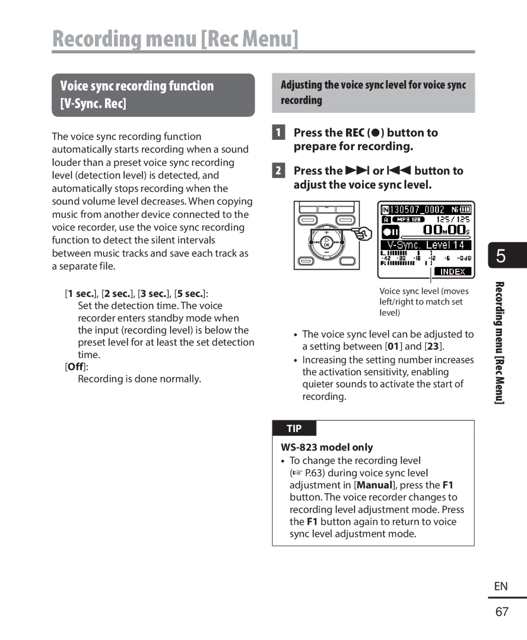 Olympus WS-821, WS-823 Voice sync recording function V-Sync. Rec, Adjusting the voice sync level for voice sync recording 