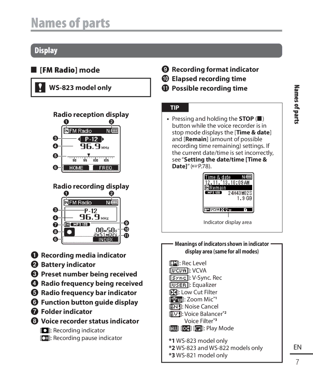 Olympus WS-821, WS-823, WS-822 user manual Recording format indicator, Elapsed recording time ! Possible recording time 