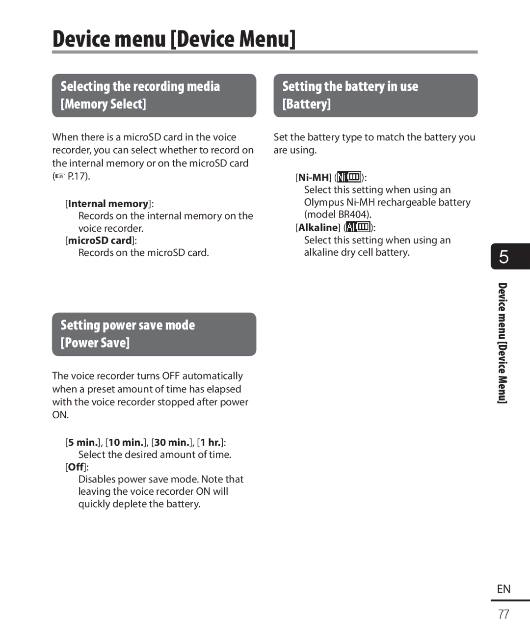 Olympus WS-822, WS-823, WS-821 user manual Device menu Device Menu, Selecting the recording media, Memory Select Battery 