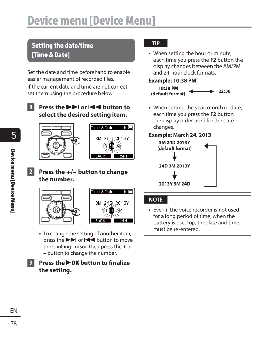 Olympus WS-823, WS-821 Device menu Device Menu, Press the 9or 0button to select the desired setting item, Example 1038 PM 