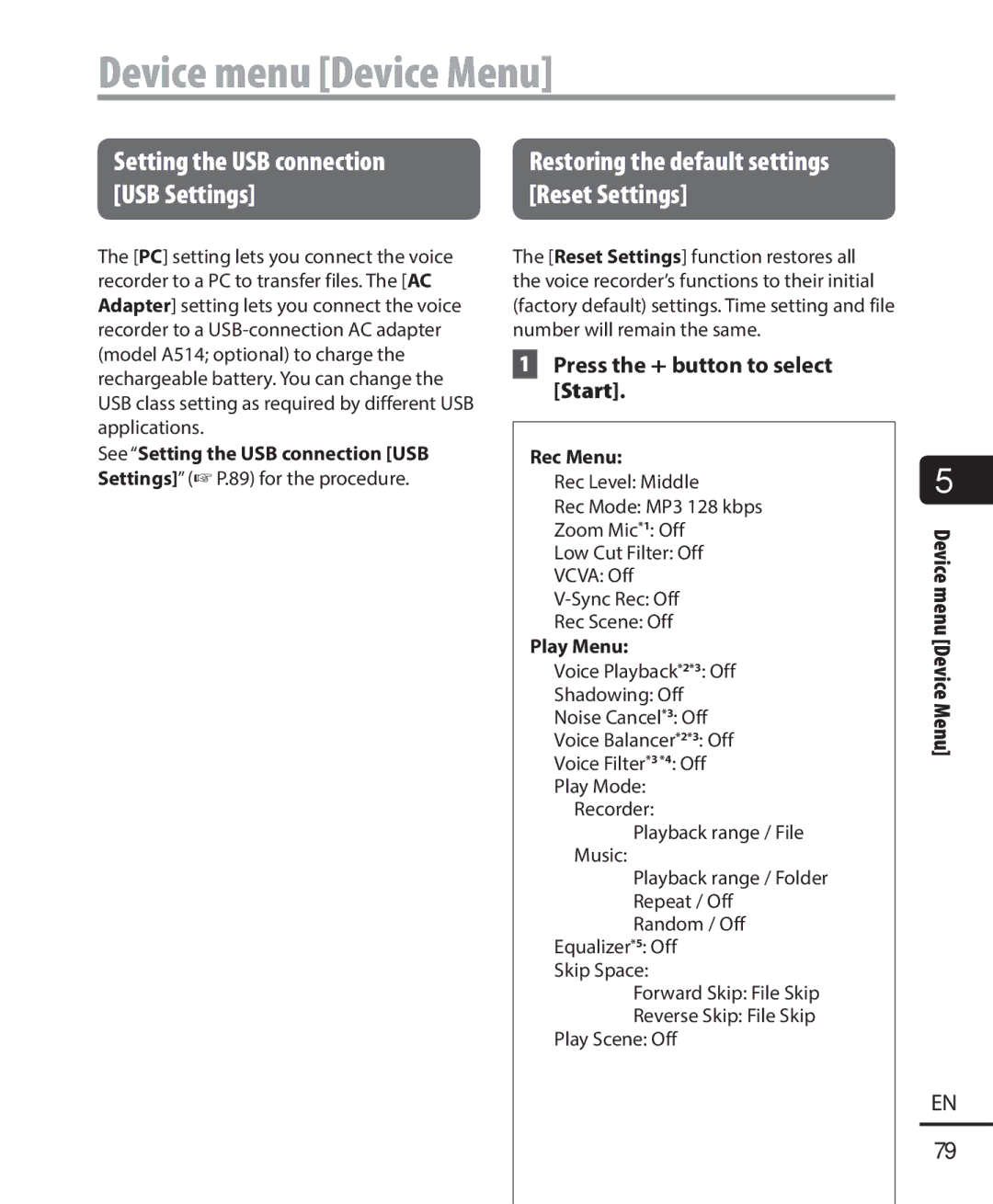 Olympus WS-821, WS-823, WS-822 USB Settings Reset Settings, See Setting the USB connection USB, Rec Menu, Play Menu 